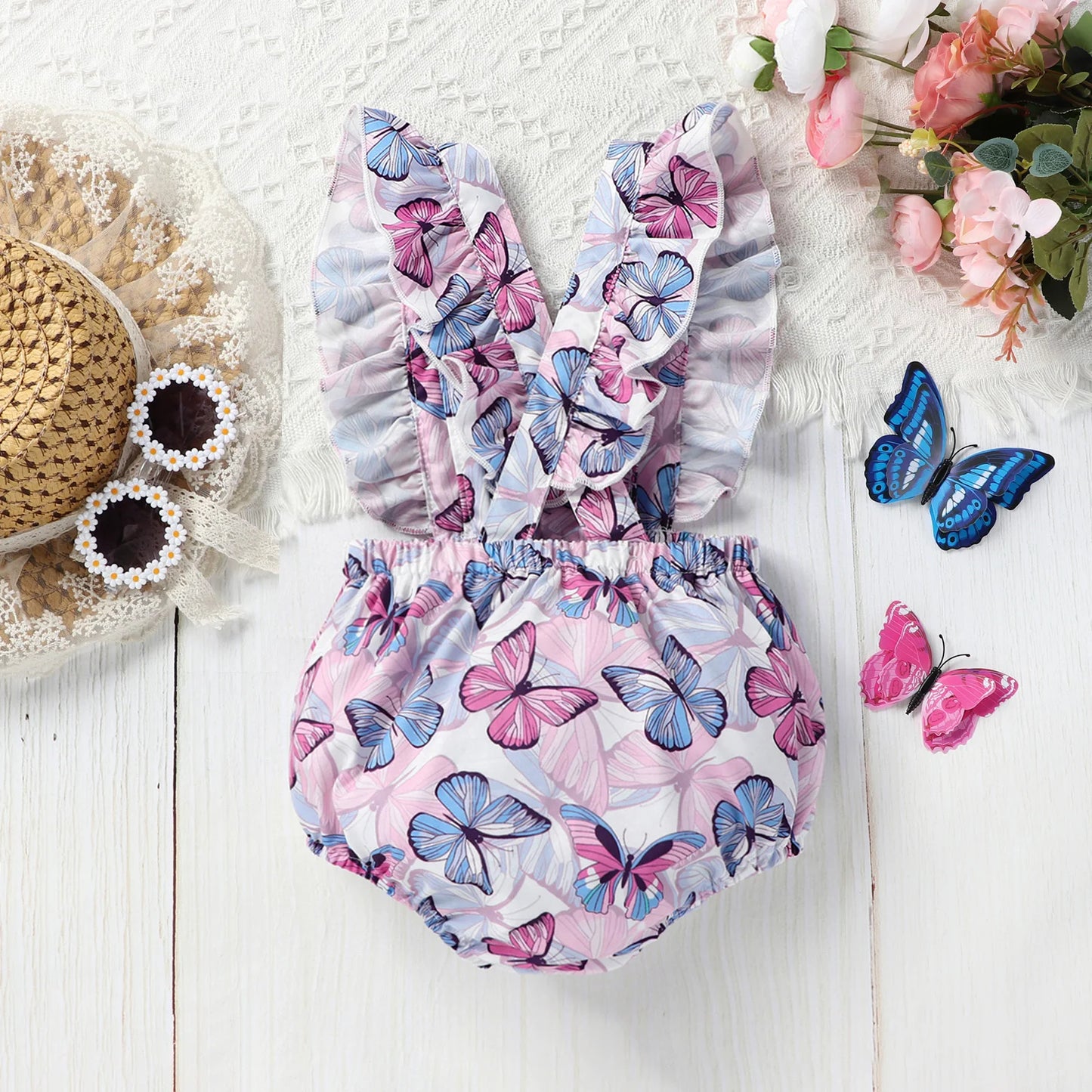 Admiral Lavender Butterfly Ruffled Romper | Baby Girl Romper - i-diya