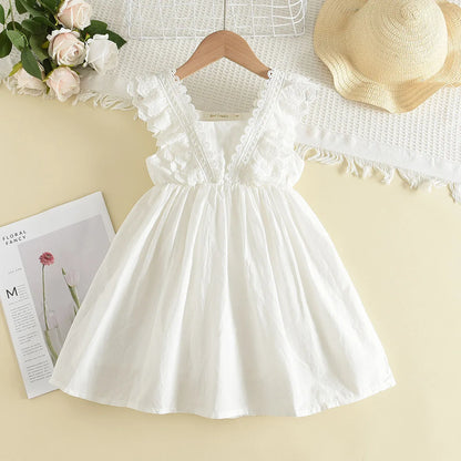 Albinia White Lace Ruffled Trim Dress | Girls Casual Dress - i-diya