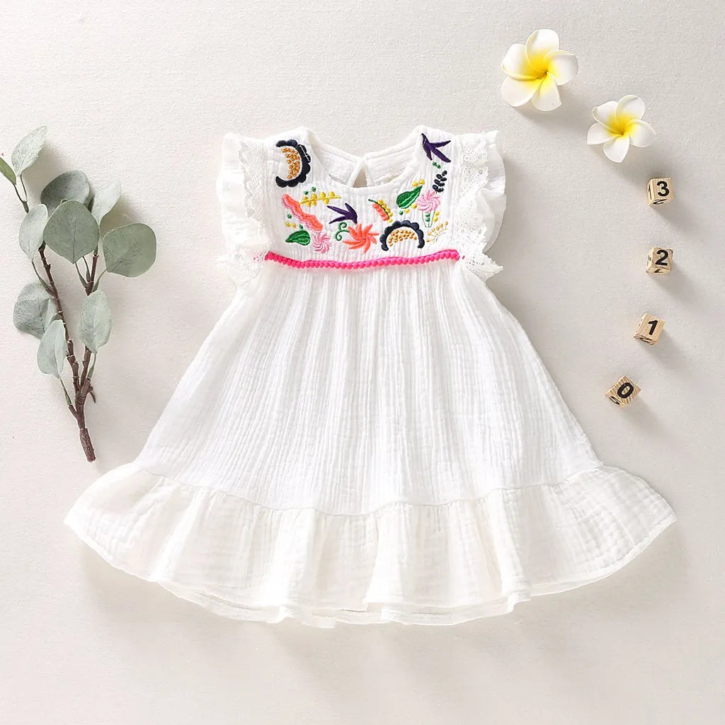 Angel White Cotton Linen Embroidery Summer Dress | Girls Spring Casual Dress - i-diya