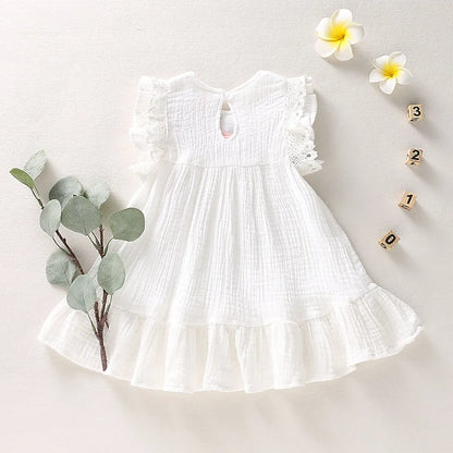 Angel White Cotton Linen Embroidery Summer Dress | Girls Spring Casual Dress - i-diya