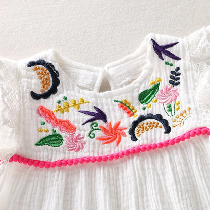 Angel White Cotton Linen Embroidery Summer Dress | Girls Spring Casual Dress - i-diya