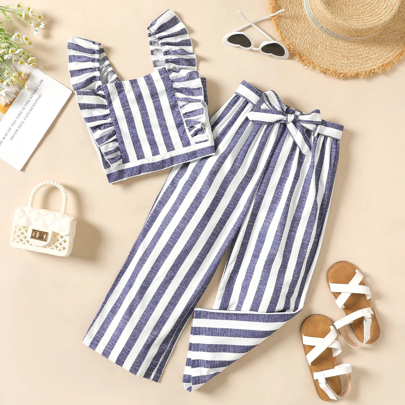 Bar Code Striped Tank Top Pants Set | Girls Spring Casual Set - i-diya