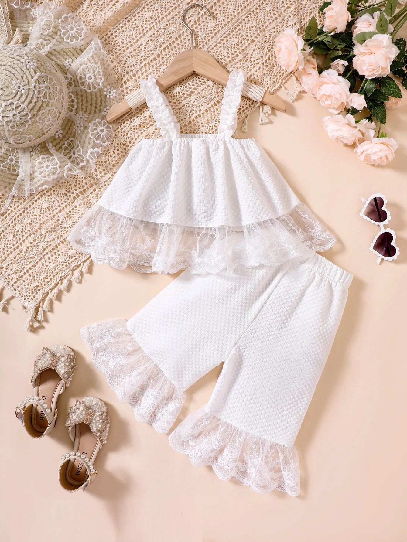 Blanche White Lace Pants Set | Girls Spring Casual Set - i-diya