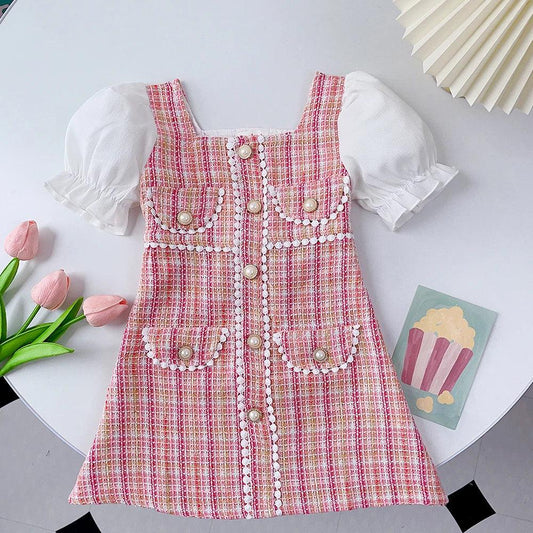 Bubble Sleeve Pearl Plaid Dress | Girls Outfit Set - i-diya