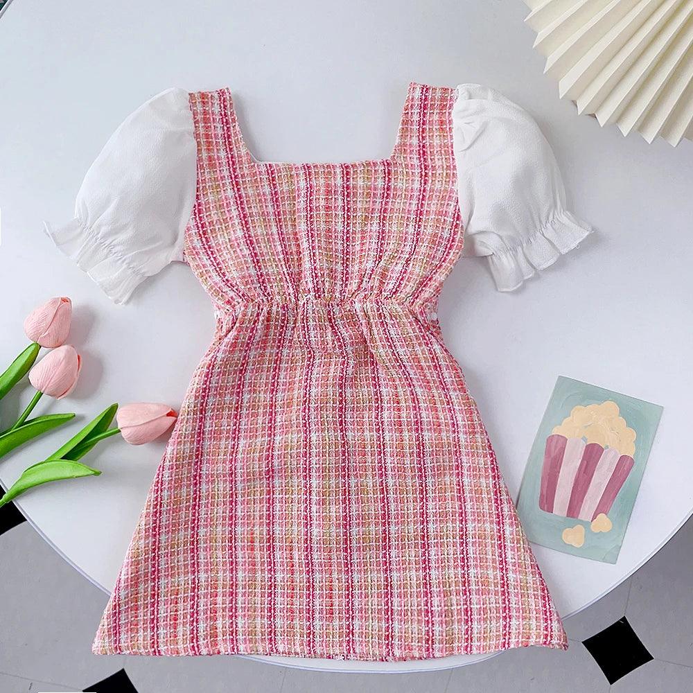 Bubble Sleeve Pearl Plaid Dress | Girls Outfit Set - i-diya