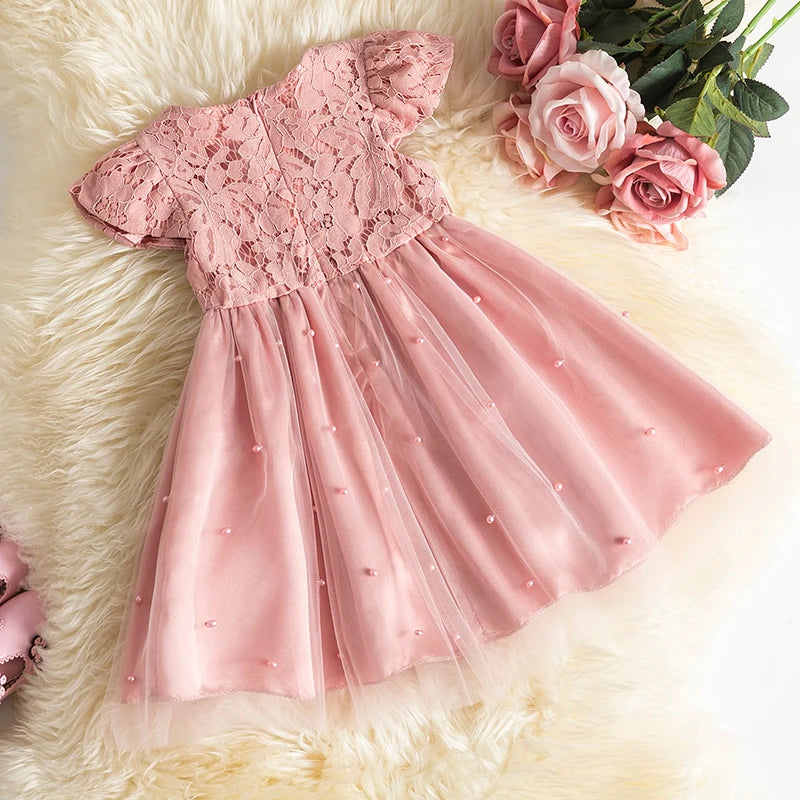 Calixte Pinky Pearls Tulle Party Dress | Girls Special Occasion Dresses - i-diya