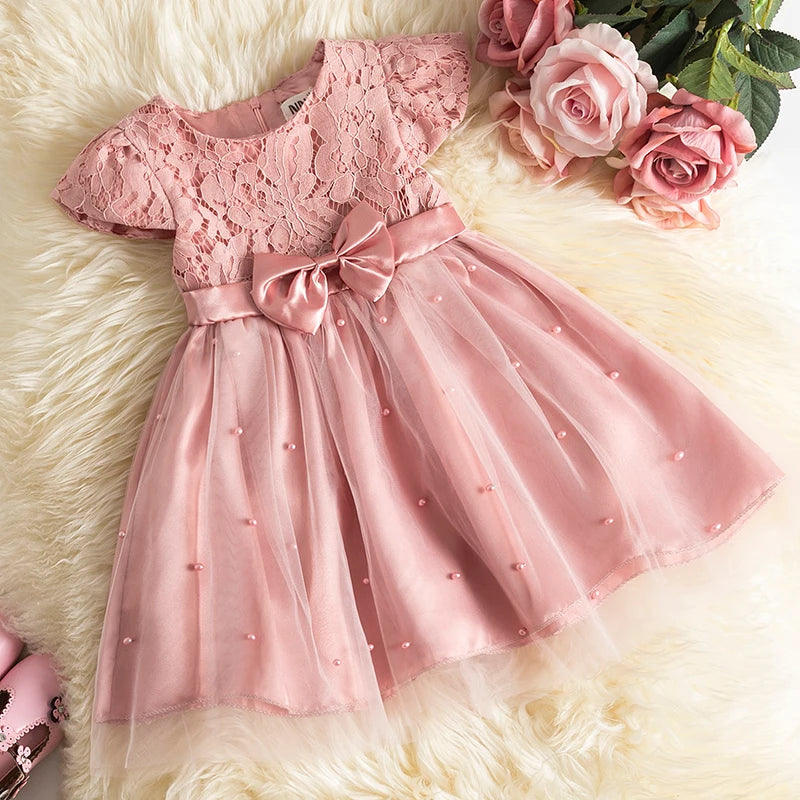 Calixte Pinky Pearls Tulle Party Dress | Girls Special Occasion Dresses - i-diya