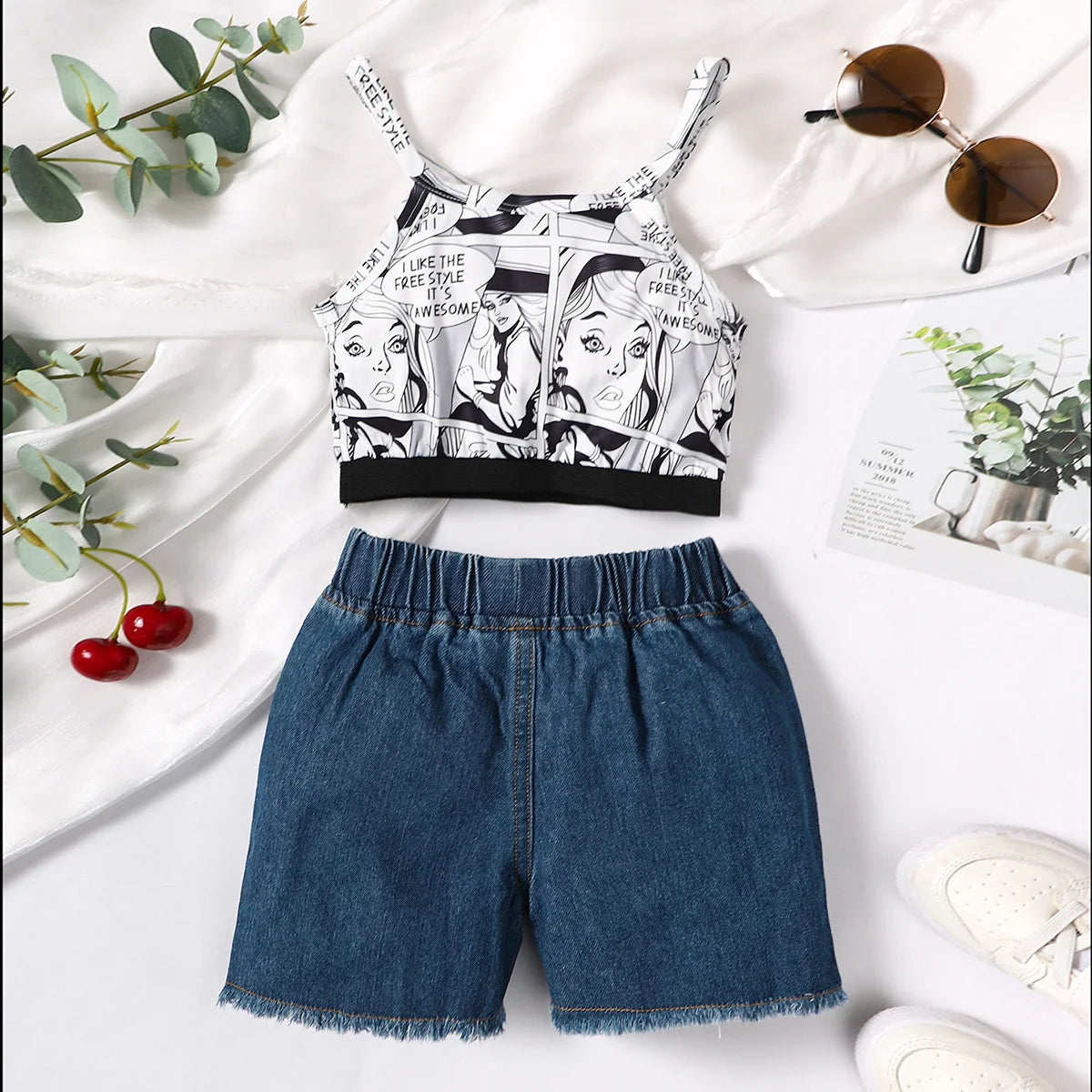 Comic Strip Denim Short Set | Girls Spring Casual Set - i-diya