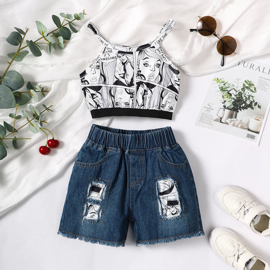 Comic Strip Denim Short Set | Girls Spring Casual Set - i-diya