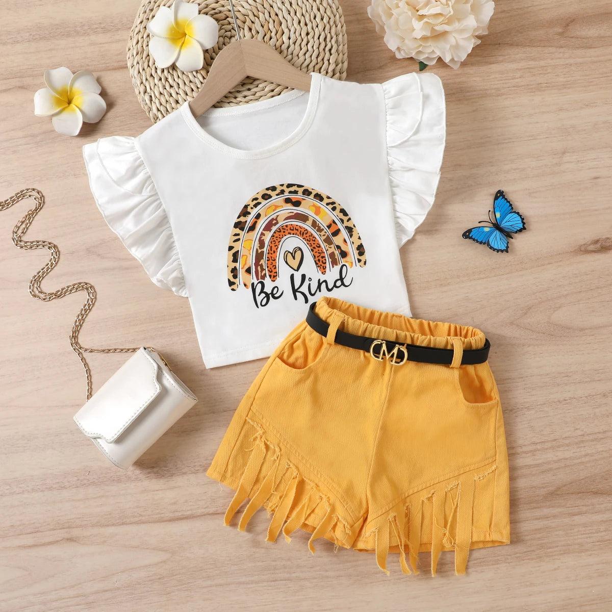 Compassionate Tee and Fringe Belted Shorts Set | Girls Outfit Set - i-diya