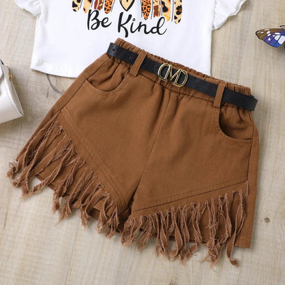 Compassionate Tee and Fringe Belted Shorts Set | Girls Outfit Set - i-diya