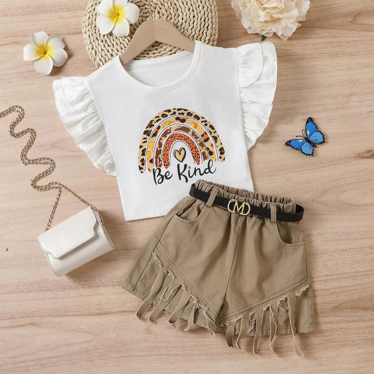 Compassionate Tee and Fringe Belted Shorts Set | Girls Outfit Set - i-diya