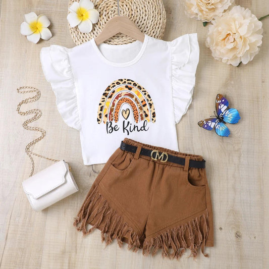 Compassionate Tee and Fringe Belted Shorts Set | Girls Outfit Set - i-diya