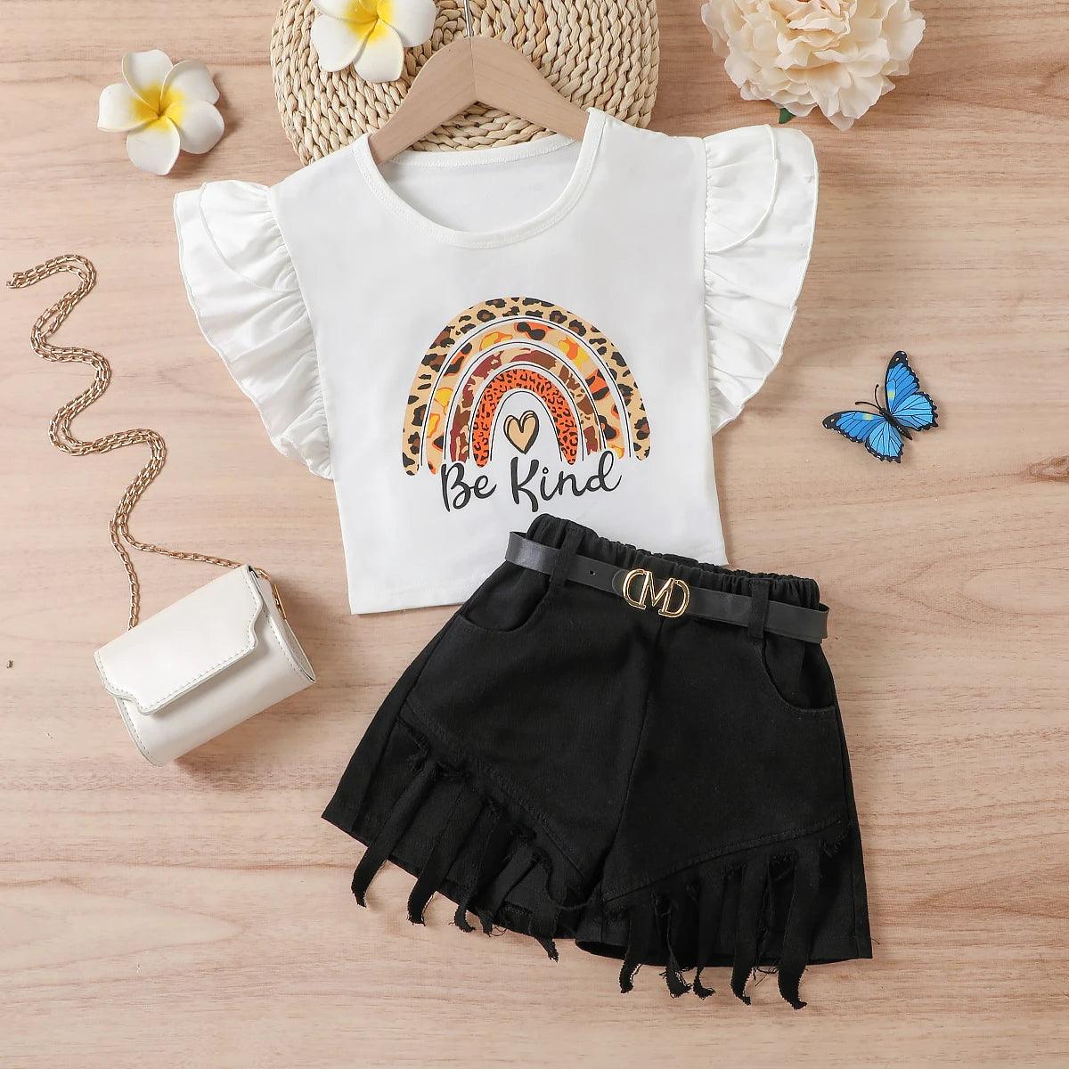 Compassionate Tee and Fringe Belted Shorts Set | Girls Outfit Set - i-diya