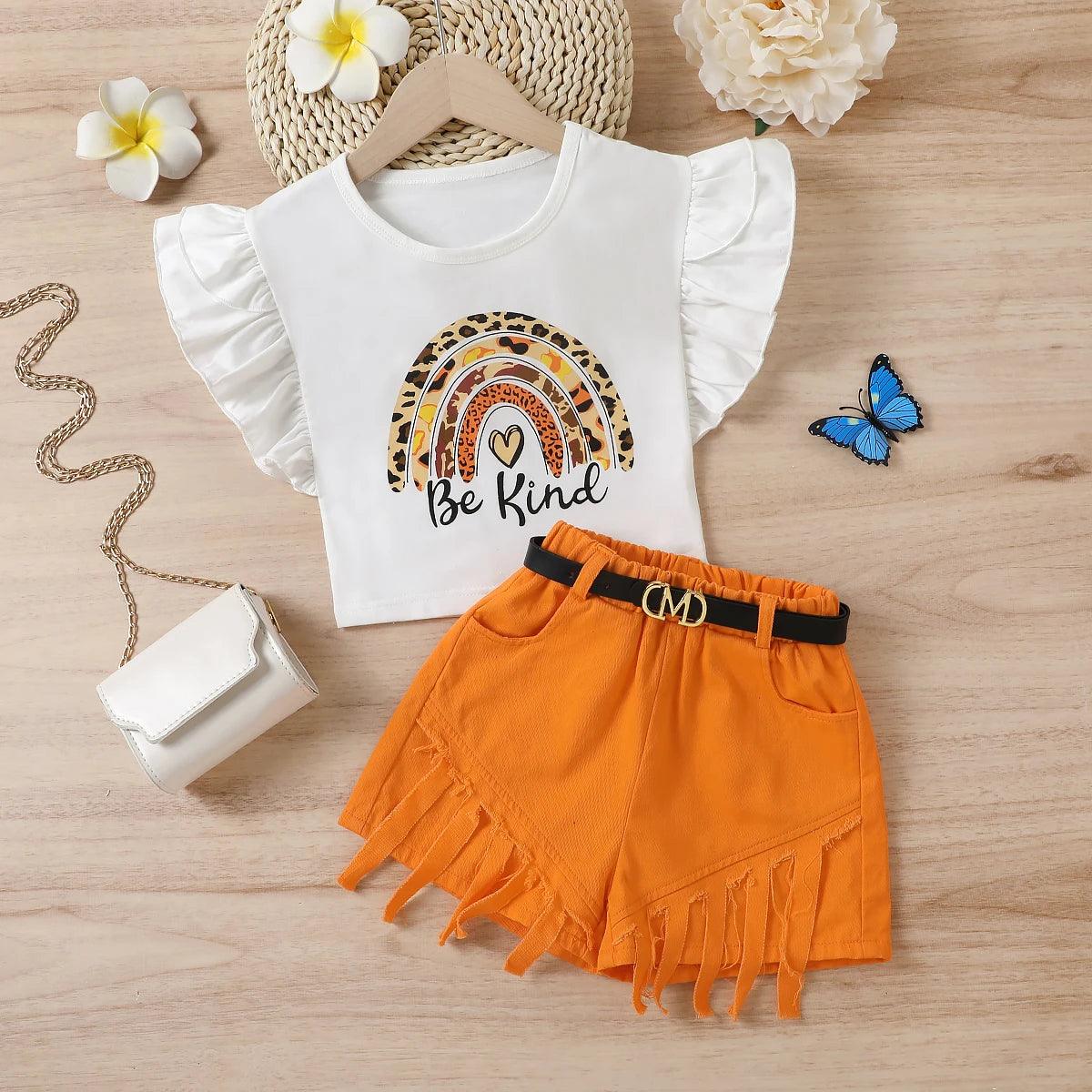 Compassionate Tee and Fringe Belted Shorts Set | Girls Outfit Set - i-diya