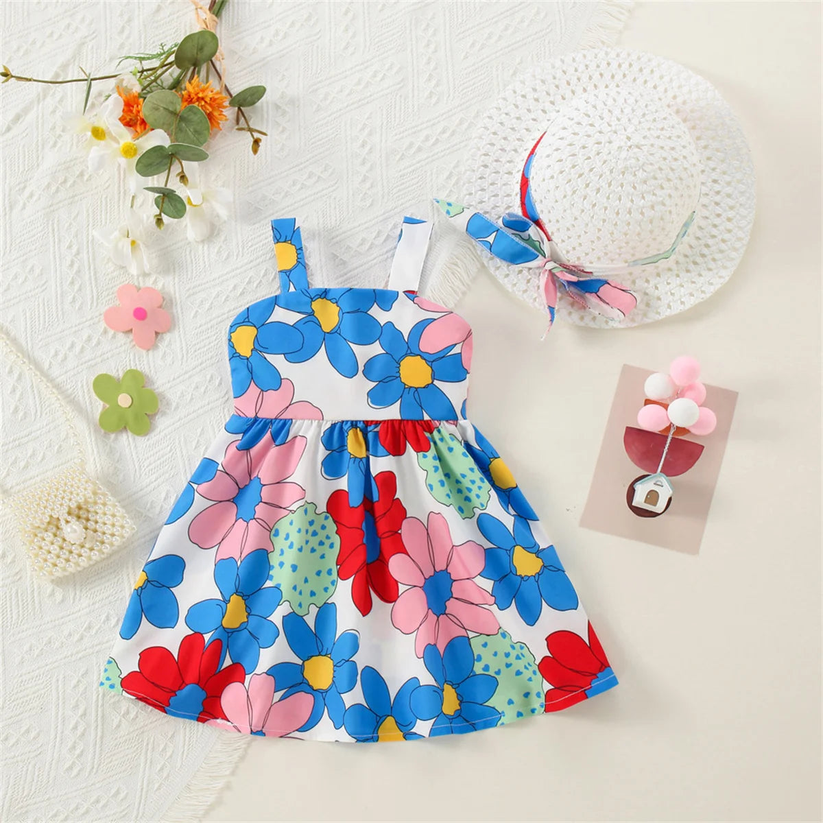 Cosmos Flower Bow Sundress with Straw Hat | Baby Girl Sundresses - i-diya