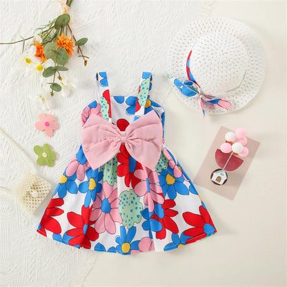 Cosmos Flower Bow Sundress with Straw Hat | Baby Girl Sundresses - i-diya