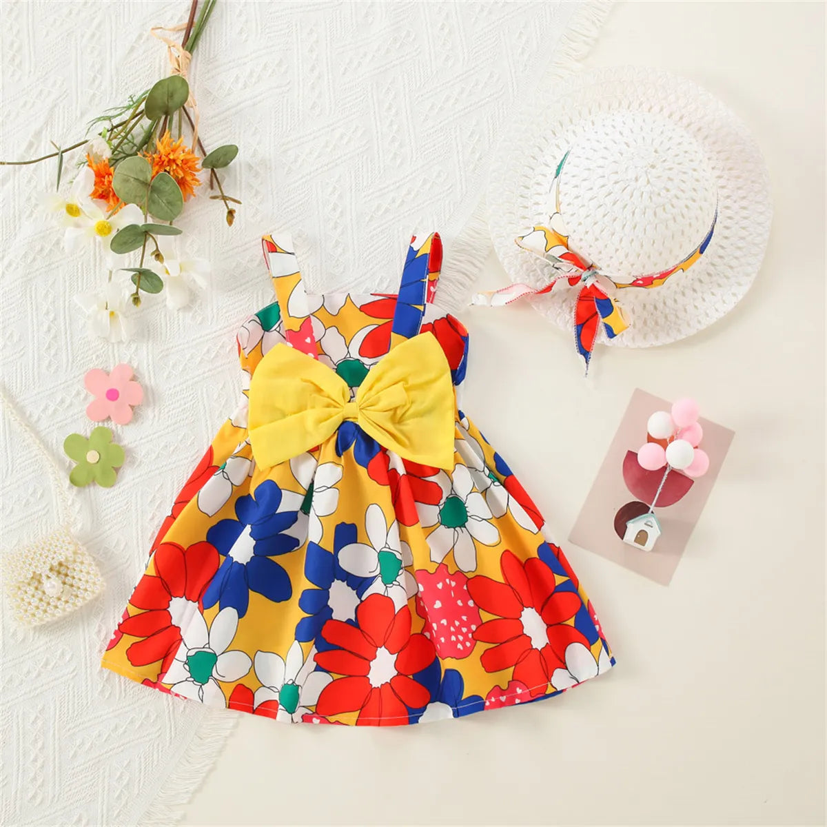 Cosmos Flower Bow Sundress with Straw Hat | Baby Girl Sundresses - i-diya