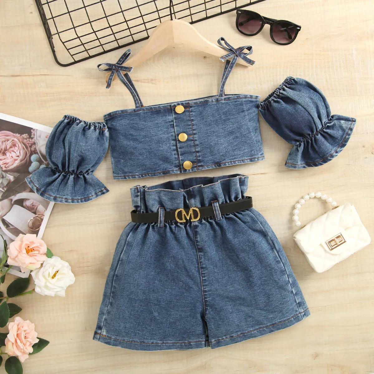 Cowgirl Exhibition Denim Top And Short Set | Girl Spring Casual Set - i-diya