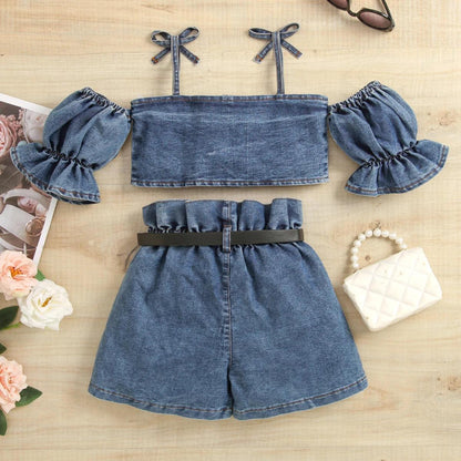 Cowgirl Exhibition Denim Top And Short Set | Girl Spring Casual Set - i-diya