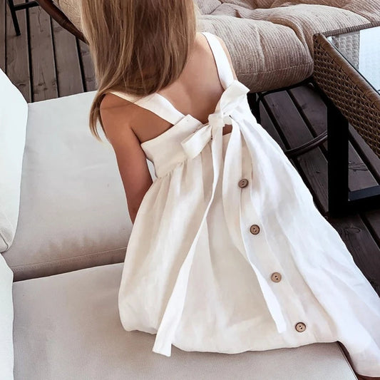 Creamy White Linen Buttonback Dress | Girls Spring Casual Dress - i-diya