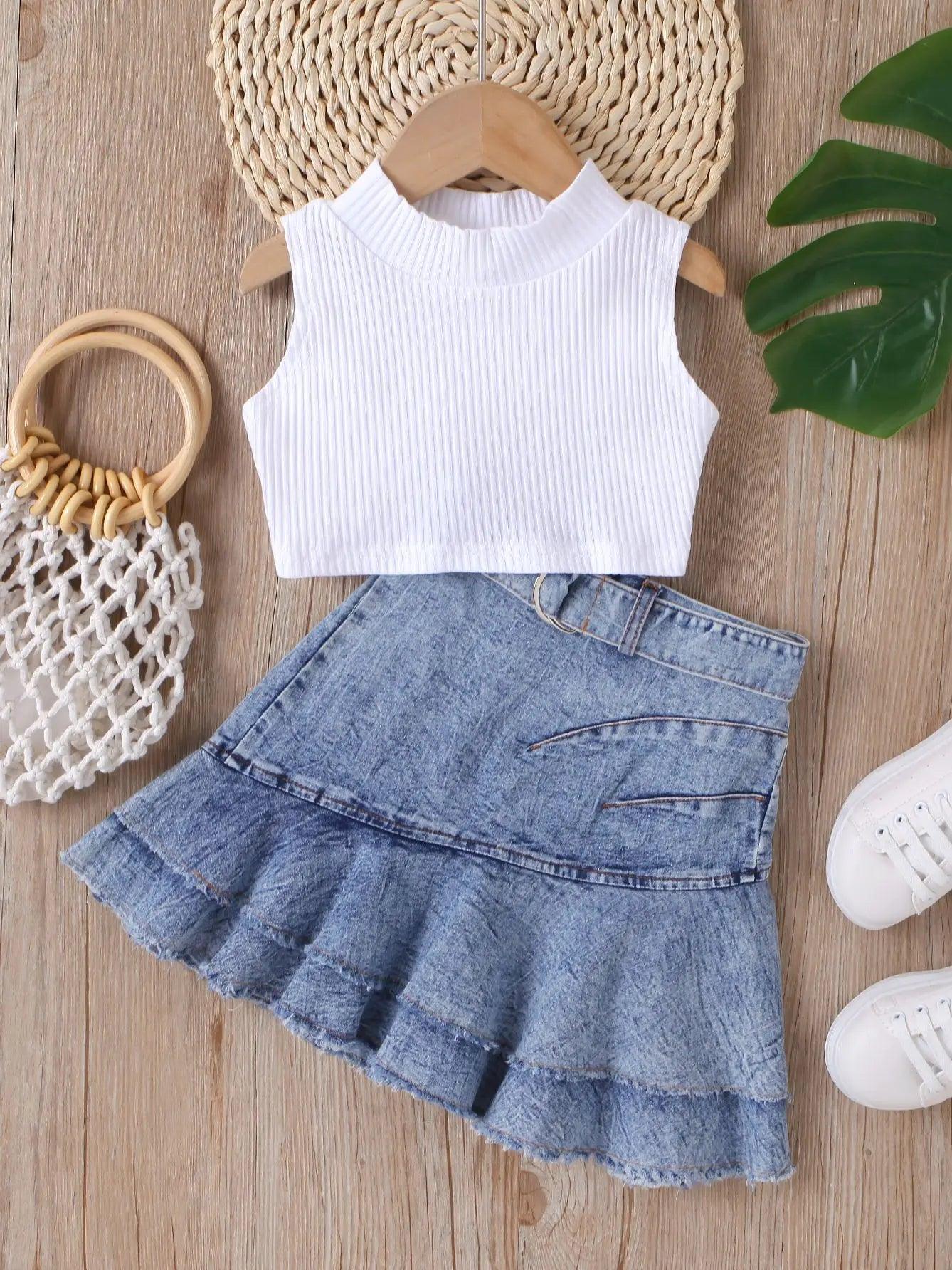 Crop Top And Pleated Denim Belted Skirt Set | Girls Denim Skirt Outfits - i-diya