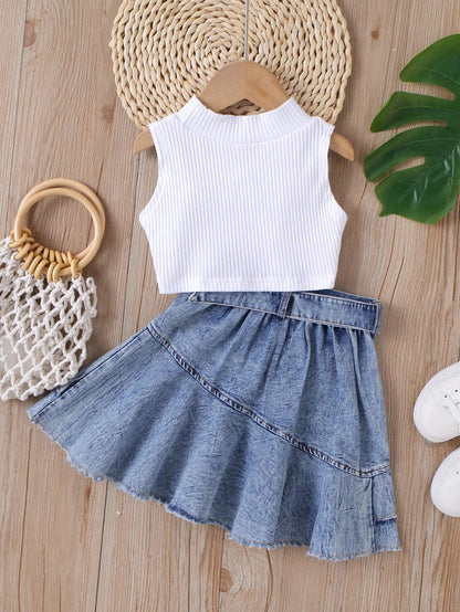 Crop Top And Pleated Denim Belted Skirt Set | Girls Denim Skirt Outfits - i-diya