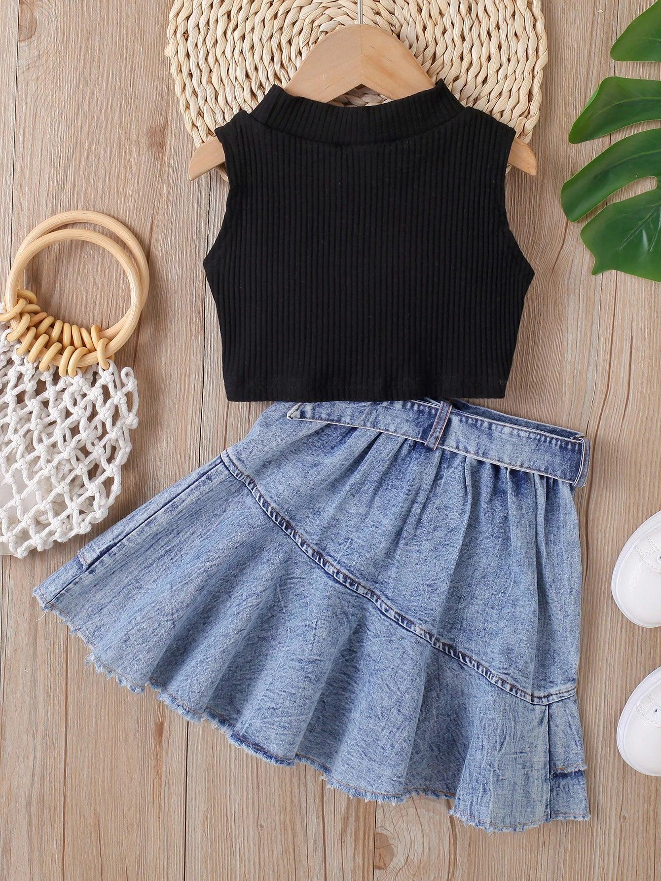 Crop Top And Pleated Denim Belted Skirt Set | Girls Denim Skirt Outfits - i-diya