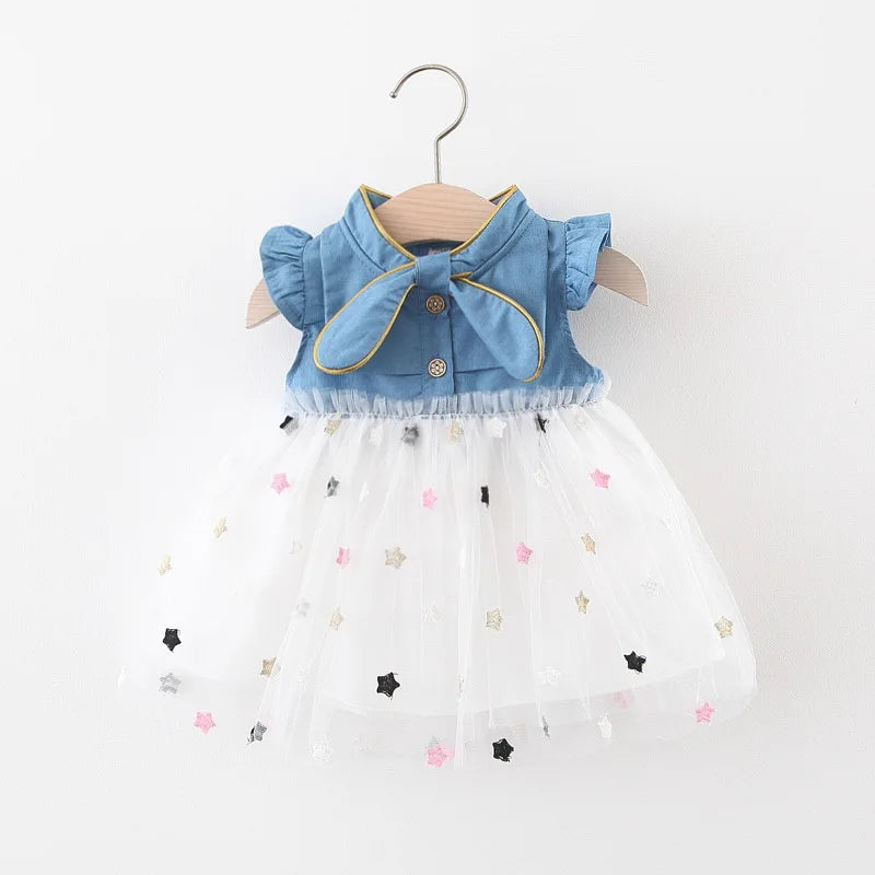 Csilla Chambray Turtle Neck Tulle Dress | Girls Spring Casual Dress - i-diya