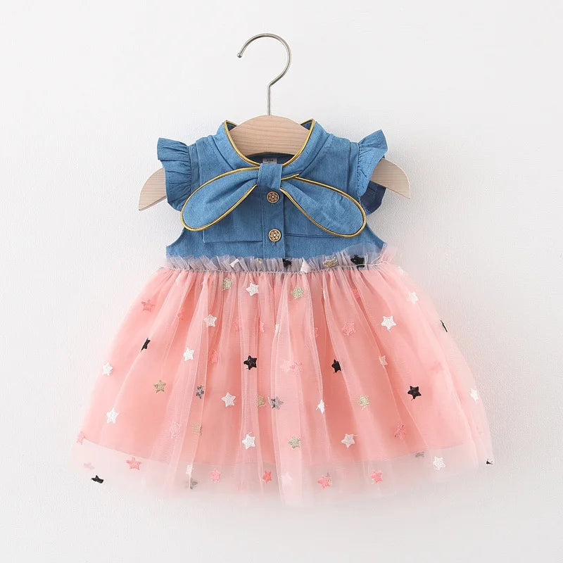 Csilla Chambray Turtle Neck Tulle Dress | Girls Spring Casual Dress - i-diya