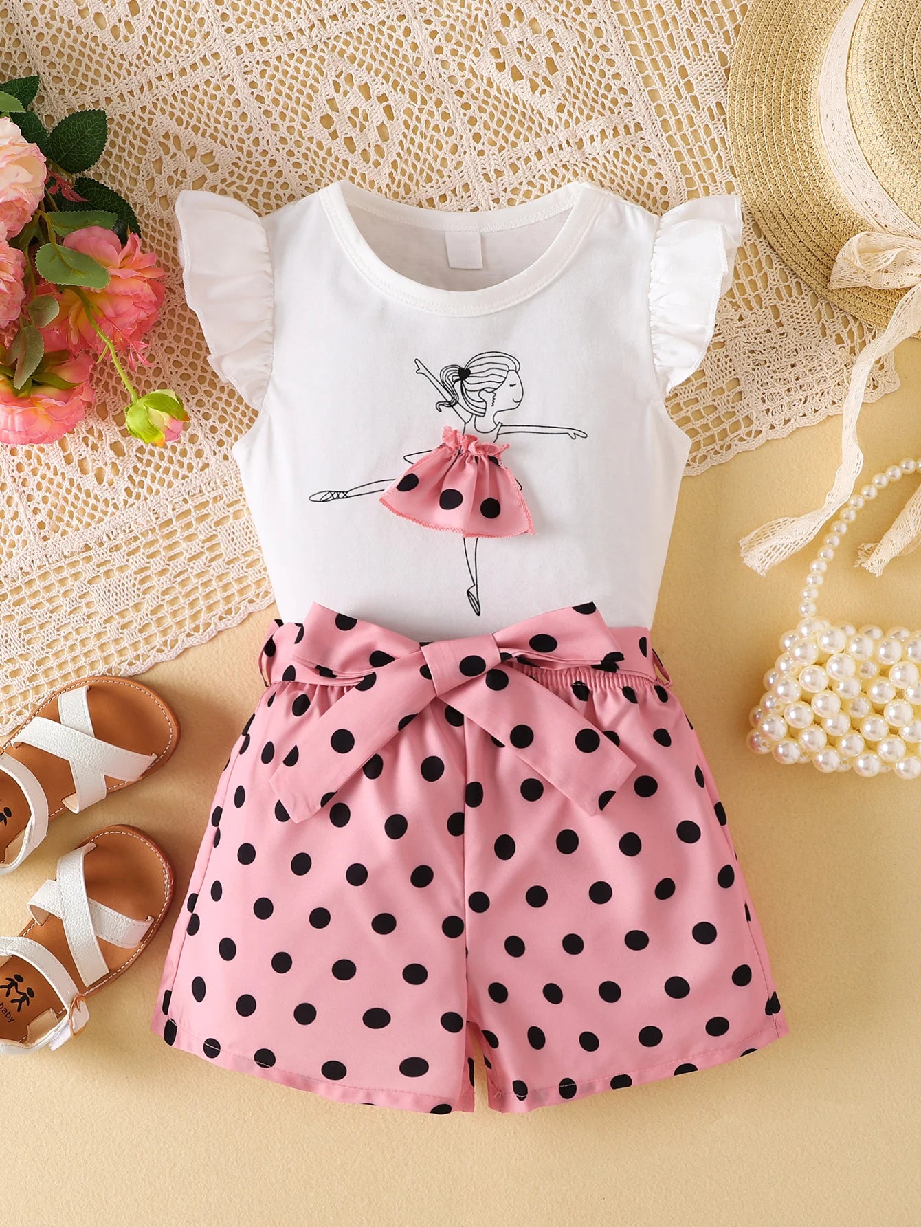 Dancing Doll Polka Dot Paper Bag Shorts Set | Girls Spring Casual Set - i-diya