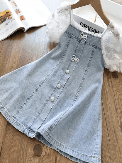 Denim Capped Sleeved Dress | Girls Casual Dress - i-diya