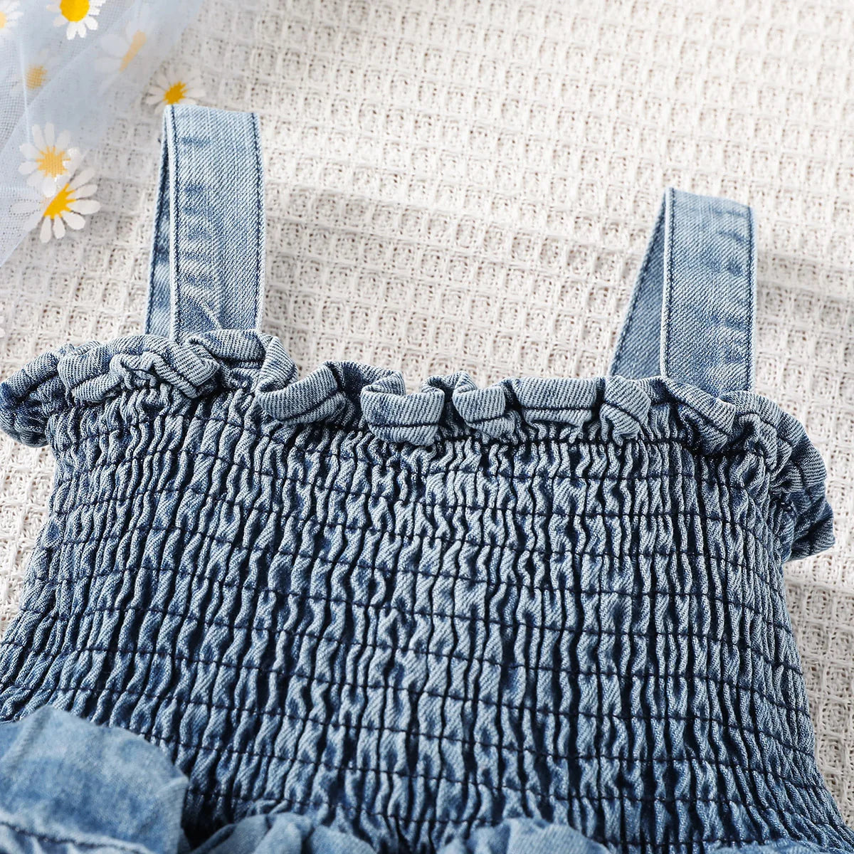 Denim Smocked Shoulder-Straps Ruffled Romper | Baby Girl Denim Romper - i-diya