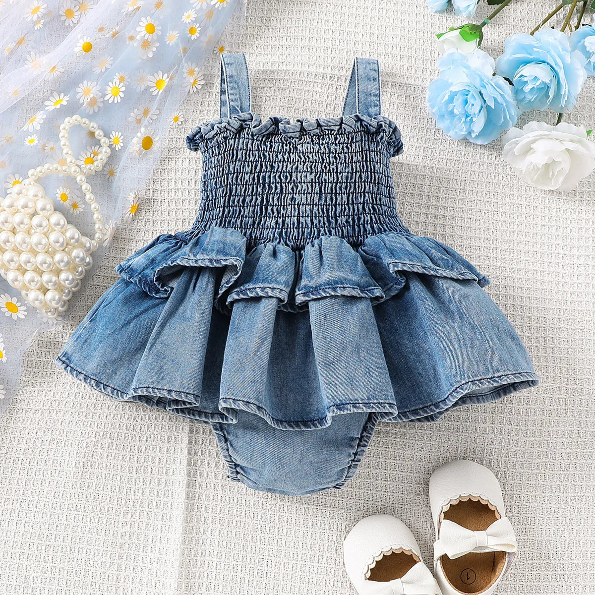 Denim Smocked Shoulder-Straps Ruffled Romper | Baby Girl Denim Romper - i-diya