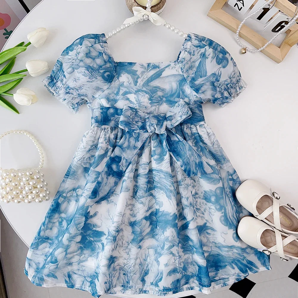 Dreams Blossom Blue Puff Sleeve Dress | Girls Casual Dress - i-diya