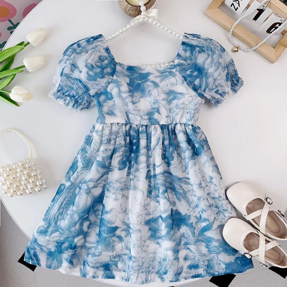 Dreams Blossom Blue Puff Sleeve Dress | Girls Casual Dress - i-diya