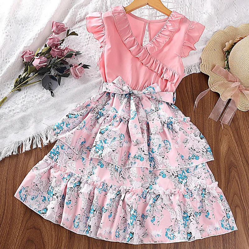 Dwarf Daisy Layered Floral Dress | Girls Spring Casual Dress - i-diya