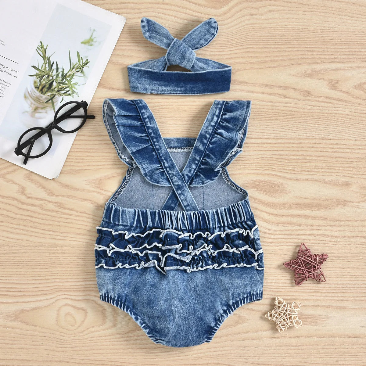 Fly Sleeve Rainbow Candy Denim Pocket Romper | Baby Girl Denim Romper - i-diya