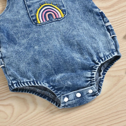 Fly Sleeve Rainbow Candy Denim Pocket Romper | Baby Girl Denim Romper - i-diya