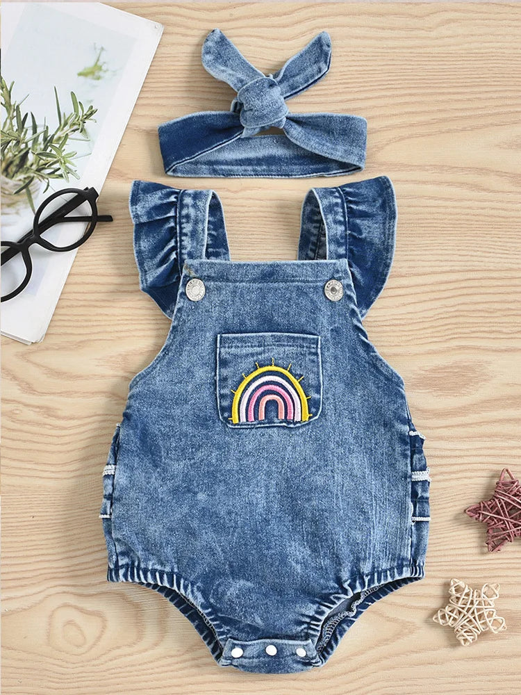 Fly Sleeve Rainbow Candy Denim Pocket Romper | Baby Girl Denim Romper - i-diya