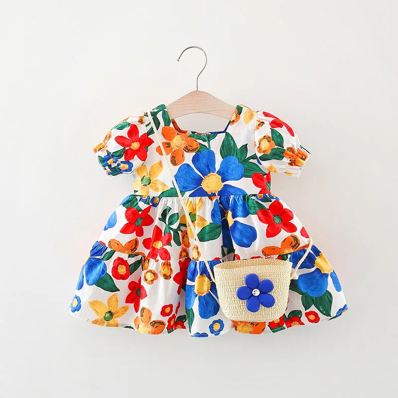 Hibiscus Summer Dress with Straw Bag Set | Baby Summer Dresses - i-diya