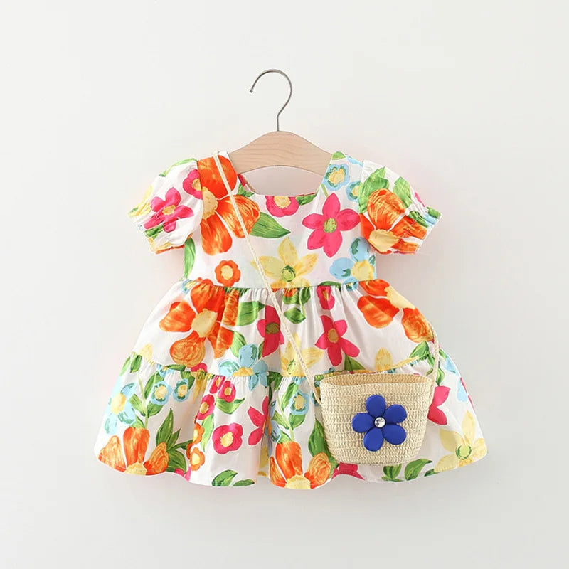 Hibiscus Summer Dress with Straw Bag Set | Baby Summer Dresses - i-diya