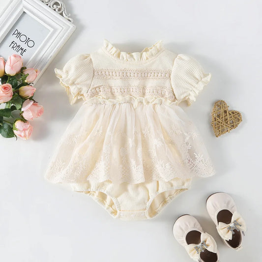 Honeycomb Waffle Knit Tutu Skirt Romper | Baby Girl Lace Romper - i-diya