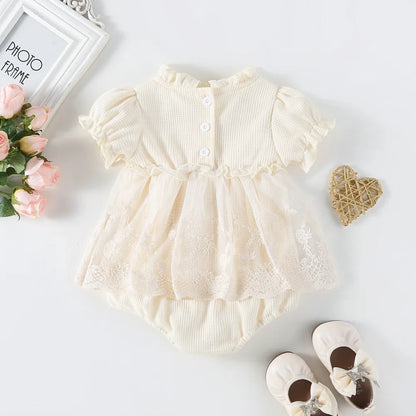 Honeycomb Waffle Knit Tutu Skirt Romper | Baby Girl Lace Romper - i-diya