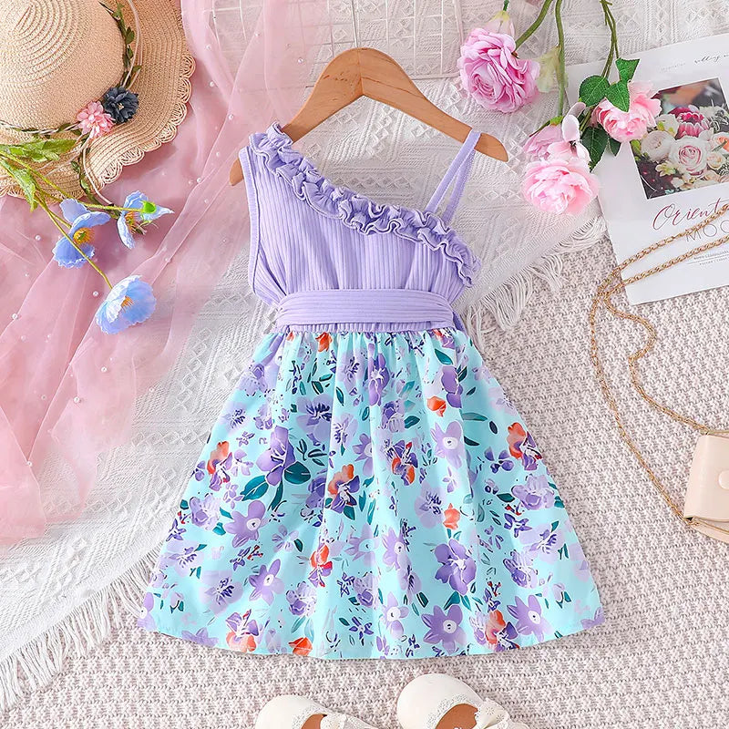 Iris Lavender Floral One Shoulder Dress | Girls Spring Casual Dress - i-diya