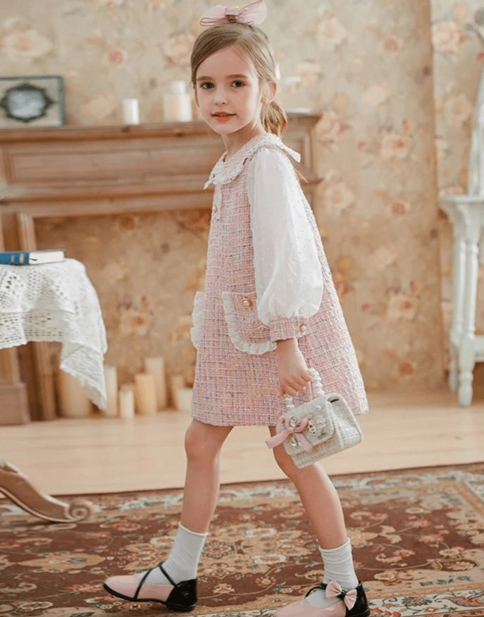 Kamelia Puff Sleeve Tweed Dress | Girls Special Occasion Dresses - i-diya