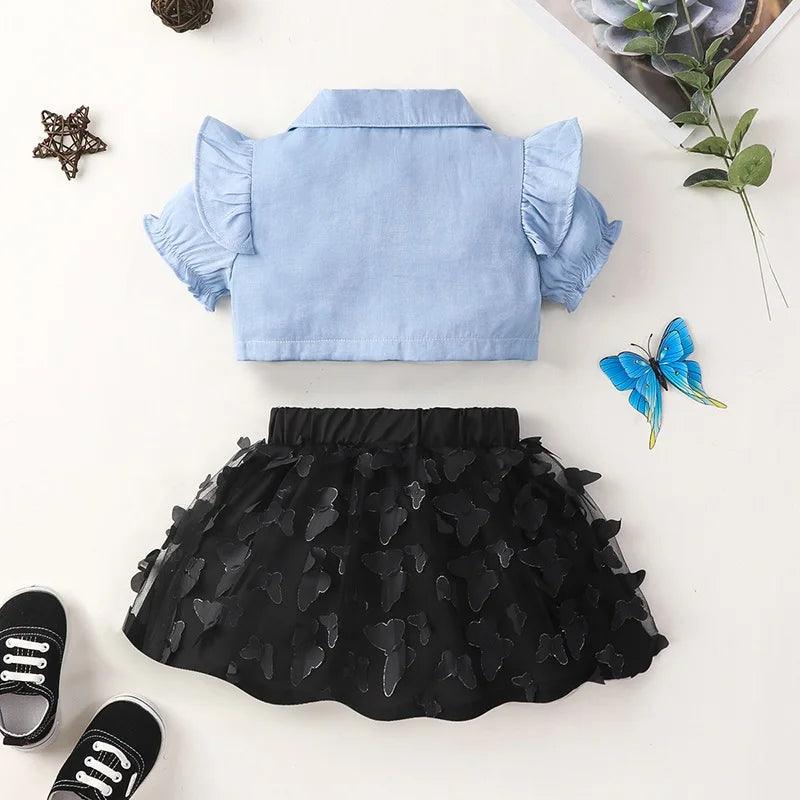 Kimana Butterfly Appliques Skirt Set | Girls Spring Casual Set - i-diya