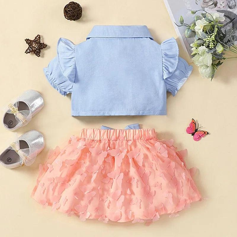 Kimana Butterfly Appliques Skirt Set | Girls Spring Casual Set - i-diya