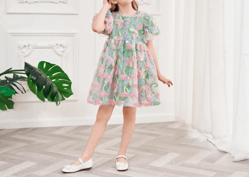 Leilani Bow Puff Sleeve Floral Tulle Dress | Girls Special Occasion Dresses - i-diya