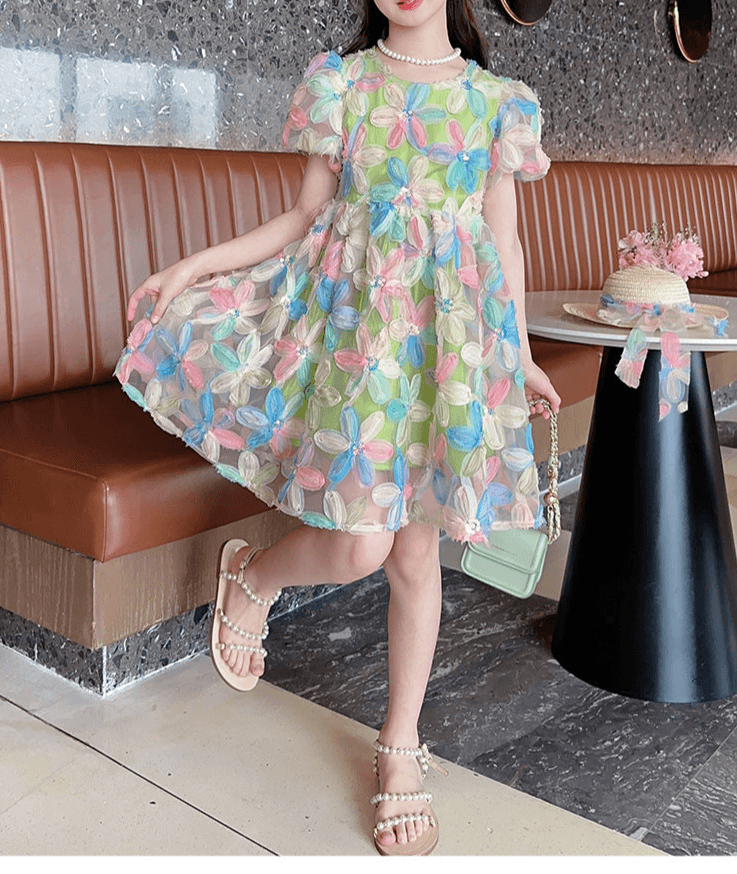 Leilani Bow Puff Sleeve Floral Tulle Dress | Girls Special Occasion Dresses - i-diya